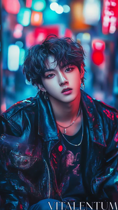 Neon-lit youth in glossy leather under blurred city glow.