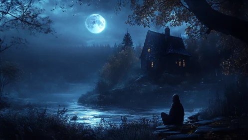Moonlit riverside dreamer watching the cottage glow alone.