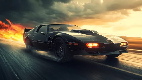 Midnight muscle car outruns the sunset on burning asphalt