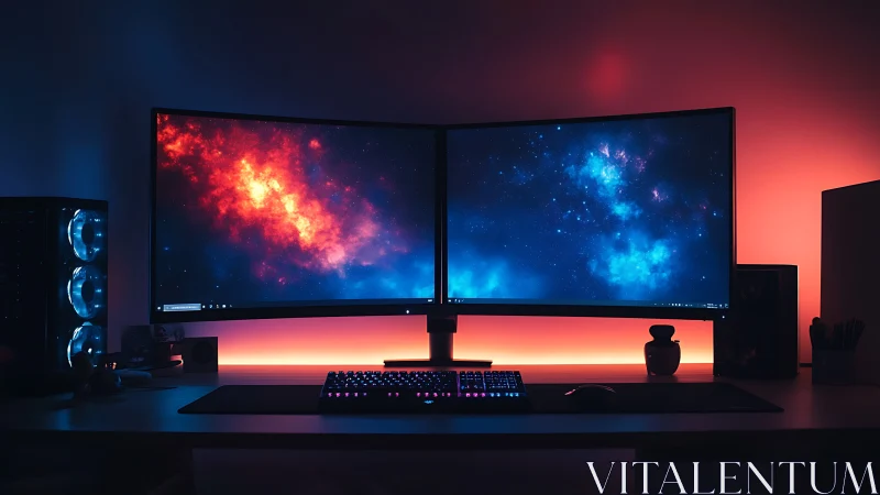 Dual curved monitors display space scenes on RGB-lit desk