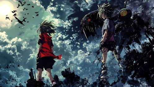 Sky-scarred wanderers beneath a storm of unraveling wings.