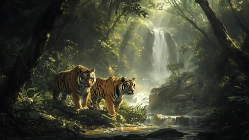 Two Tigers Rest in Misty Forest with Waterfall