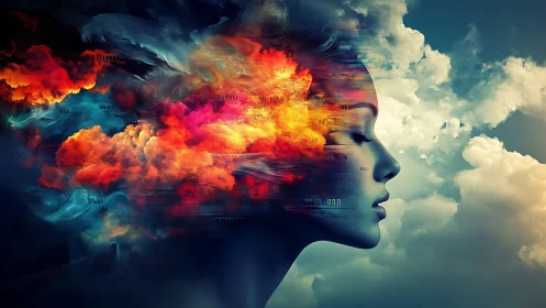 Side profile female face merges with colorful digital clouds