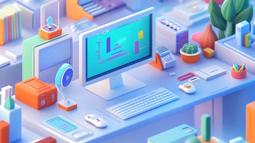 Colorful 3D office workstation glows with modern gadgets.