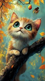 Wide-eyed orange kitten clings to tree branch in autumn glow