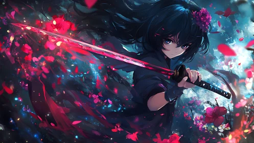 Midnight swordswoman carves nebulae through falling petals