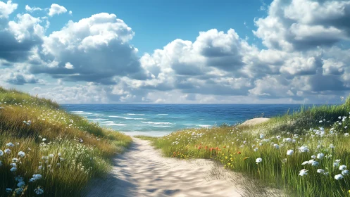 Coastal sand dune path to calm turquoise sea under cumulus sky