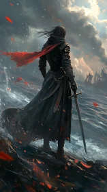 Digital painting of lone dark knight on storm-lashed shoreline.