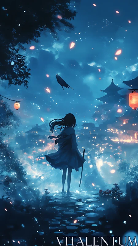 Sword-bearing dreamer on a lantern-lit midnight hillside.