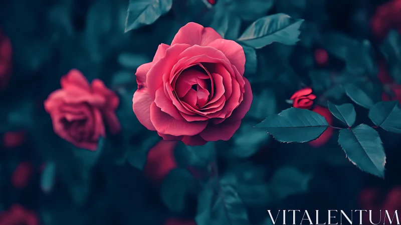 Pink roses with teal foliage background.