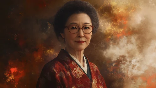 Gentle elder in a red kimono stands with quiet confidence