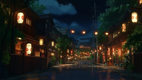 Rain-soaked lantern street in tranquil nocturnal district.