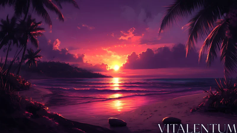 Tropical beach sunset with vivid purple and orange sky.