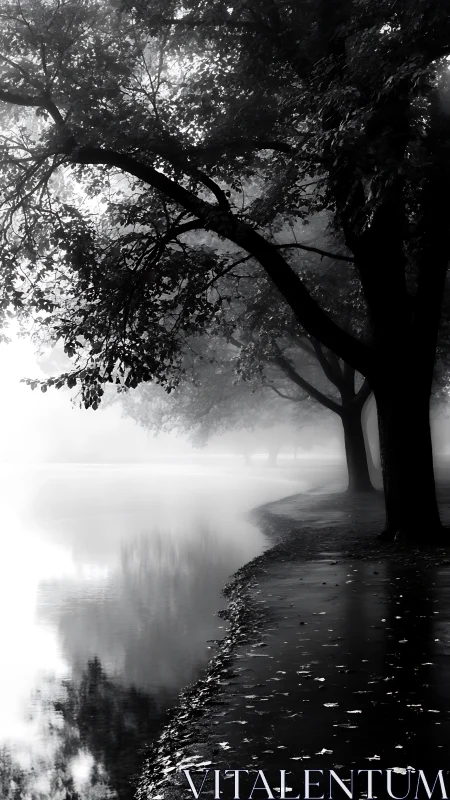 Fog-draped riverside path winds beneath shadowed trees.