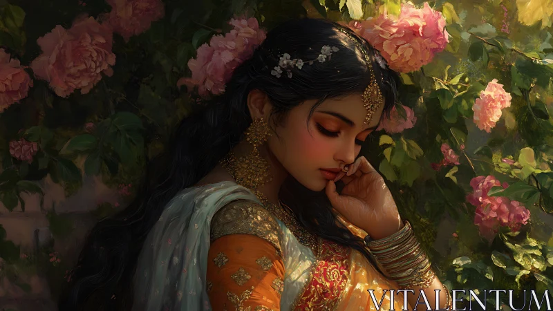 Sunlit garden muses while a jeweled dreamer drifts inward