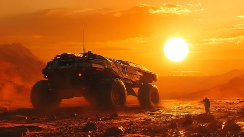 Armored rover crosses irradiated desert under searing sun