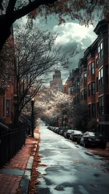 Soft rain-kissed city street welcomes a quiet autumn walk