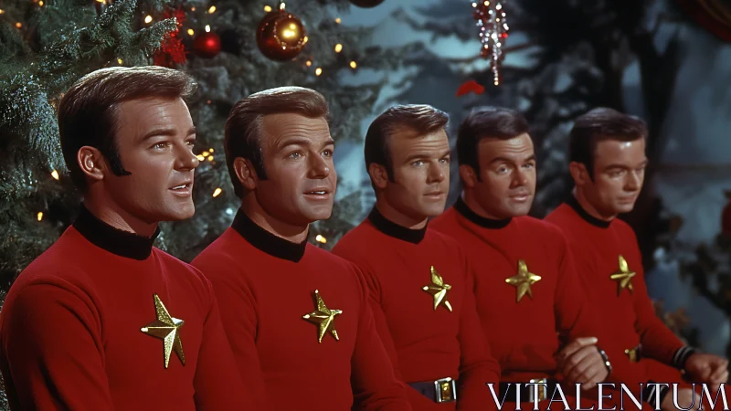 Retro spacemen choir in red uniforms sing by Christmas tree.