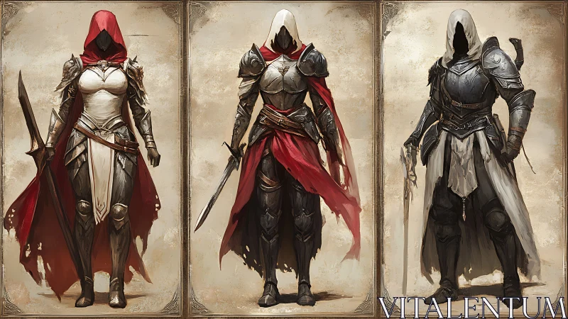 Digital painting triptych of hooded medieval armored rogues.