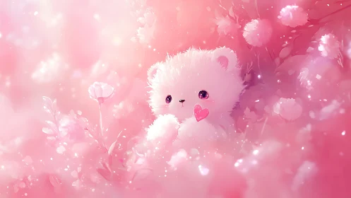Small white plush bear in pink floral digital background.