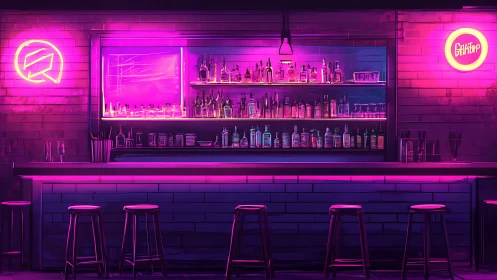 Neon-lit cyber bar glows with saturated magenta ambience.