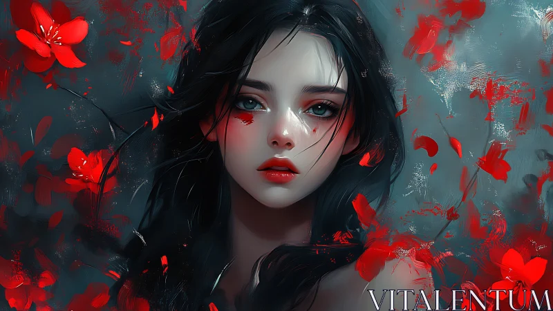 Melancholic dark-haired heroine amid vivid crimson petals.