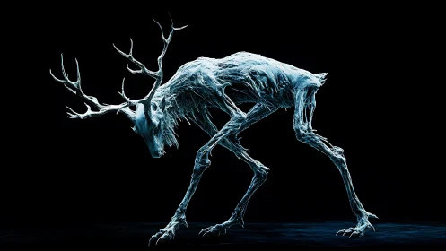Glacial wendigo stag prowls the void in skeletal silence.