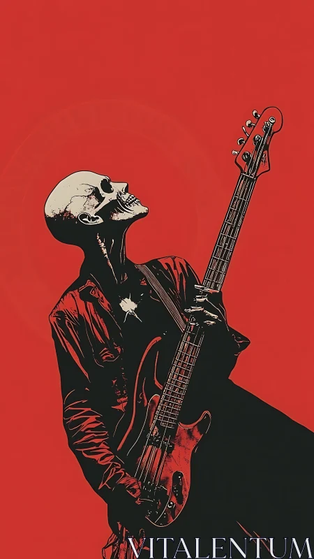 Skeletal rock bassist leans back in bold red spotlight.