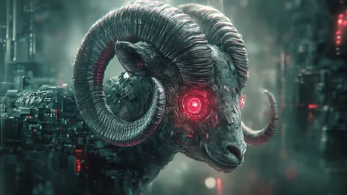 Mechanical ram head is rendered in a dense cybernetic environment