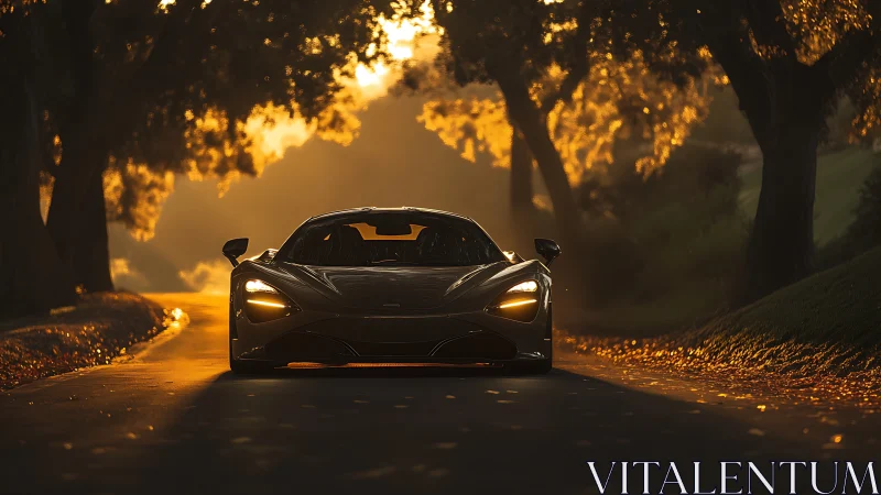 Golden hour supercar gliding through a tree lined lane.