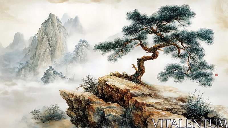 Solitary pine on misty cliffs in traditional ink landscape.
