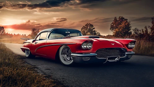 Low-slung red classic custom coupe on rural sunset road