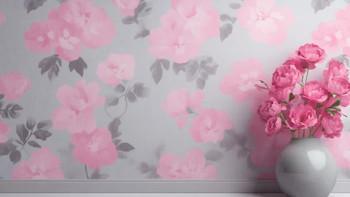 Soft pink peonies in vase against floral wallpaper backdrop.