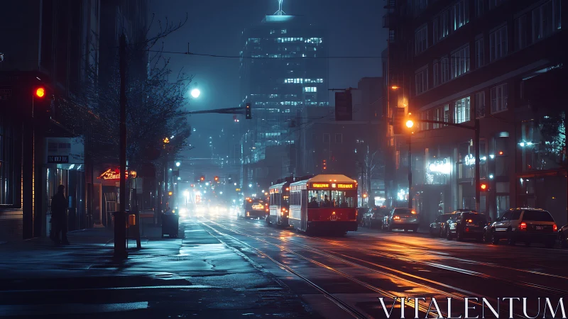 Electric streetcar on wet downtown avenue at night. Period.