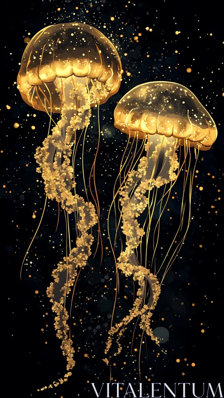 Golden jellyfish drift upward like lanterns in deep space