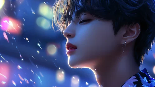 Side profile portrait depicts person in rain with city lights