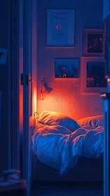Cinematic bedroom interior renders moody blue and orange light