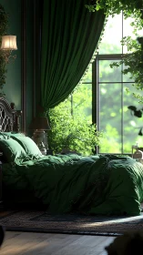Verdant bedroom sanctuary with sunlit garden window scene.
