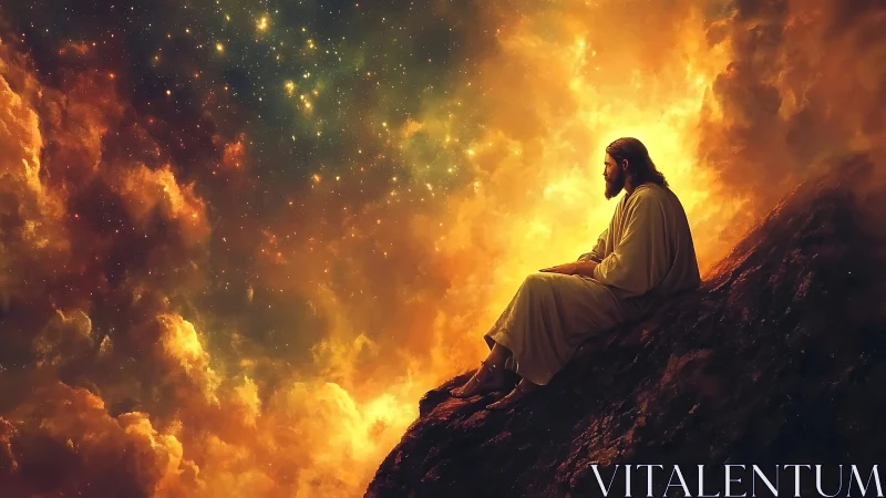 Robe-clad figure seated on rocky slope before luminous sky.