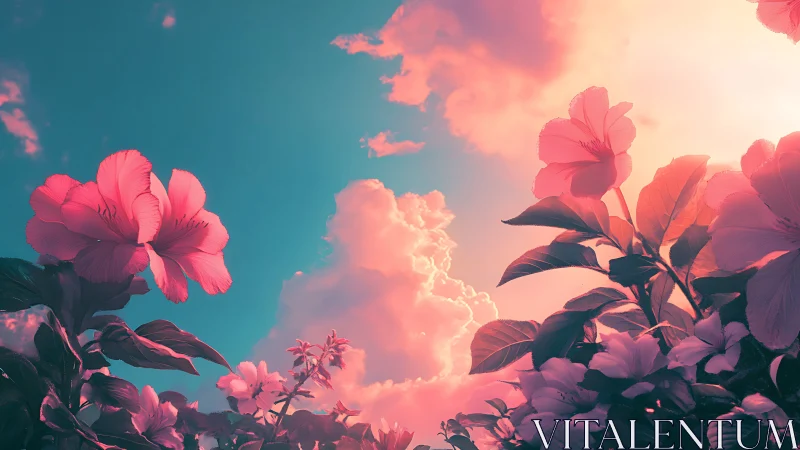 Digital flowering landscape renders pink petals against turquoise sky with volumetric cloud lighting