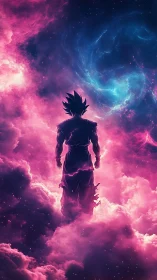 Stargazing warrior rises calmly within glowing pink nebula