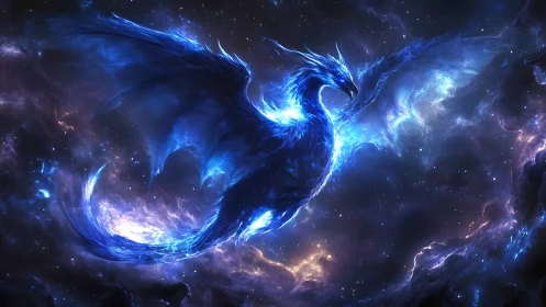 Blue energy phoenix forming within a luminous space nebula.