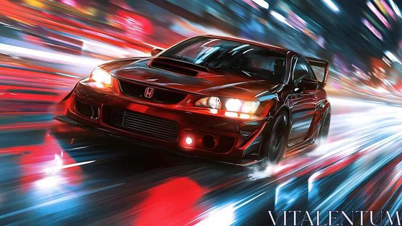 Red tuner car cuts neon city streets at blistering speed.