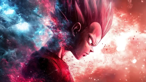 Starlit warrior’s quiet rage in swirling cosmic colors.