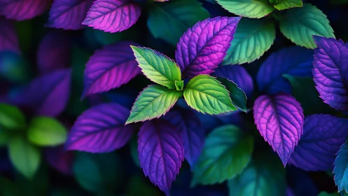 Neon green and violet foliage in high-contrast macro study.