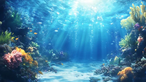 Sunlit coral garden where quiet sea life gently shimmers.