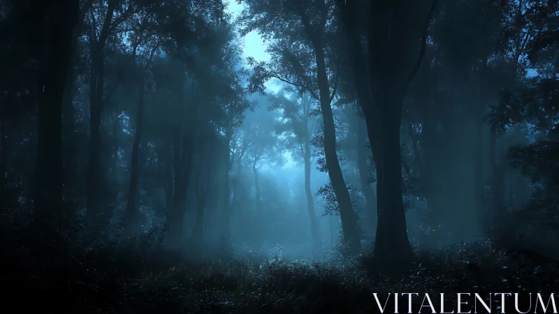 Misty forest path with atmospheric light penetration.
