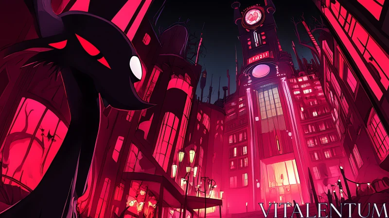 Crimson-lit dystopian boulevard with looming shadow watcher.