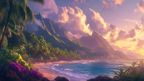 Tropical Paradise Sunset Over Volcanic Mountains and Turquoise Waters