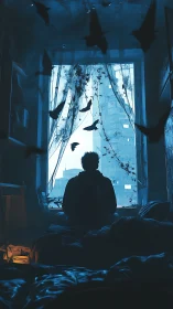 Solitary figure watches storm-lit city as dark birds rise